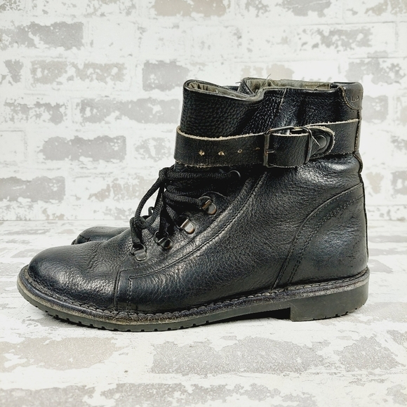 Latenace Black Single Strap Vintage Leather High Ankle Round Toe Boot V733 - Picture 1 of 13